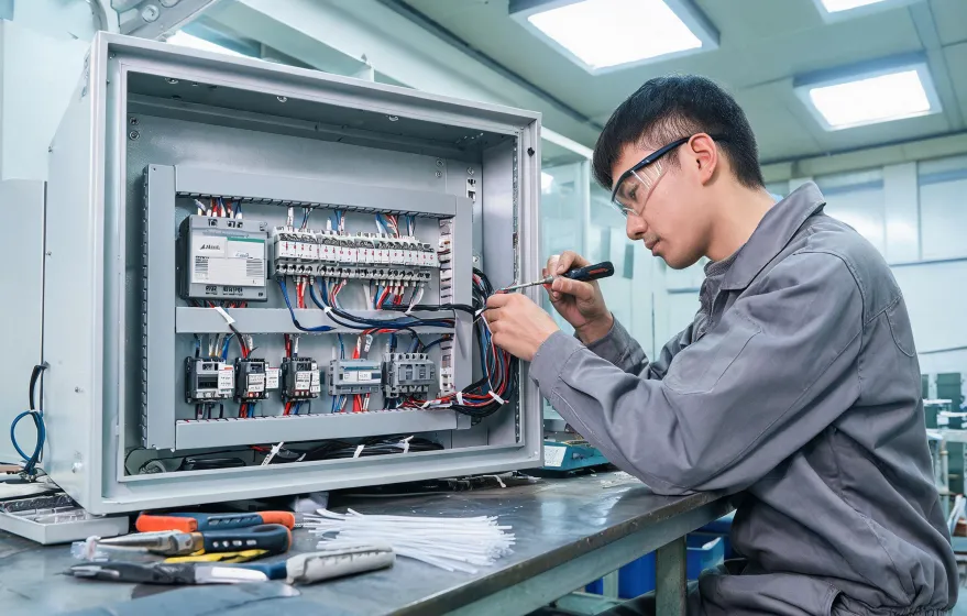 Panel builder wiring a compact PLC cabinet